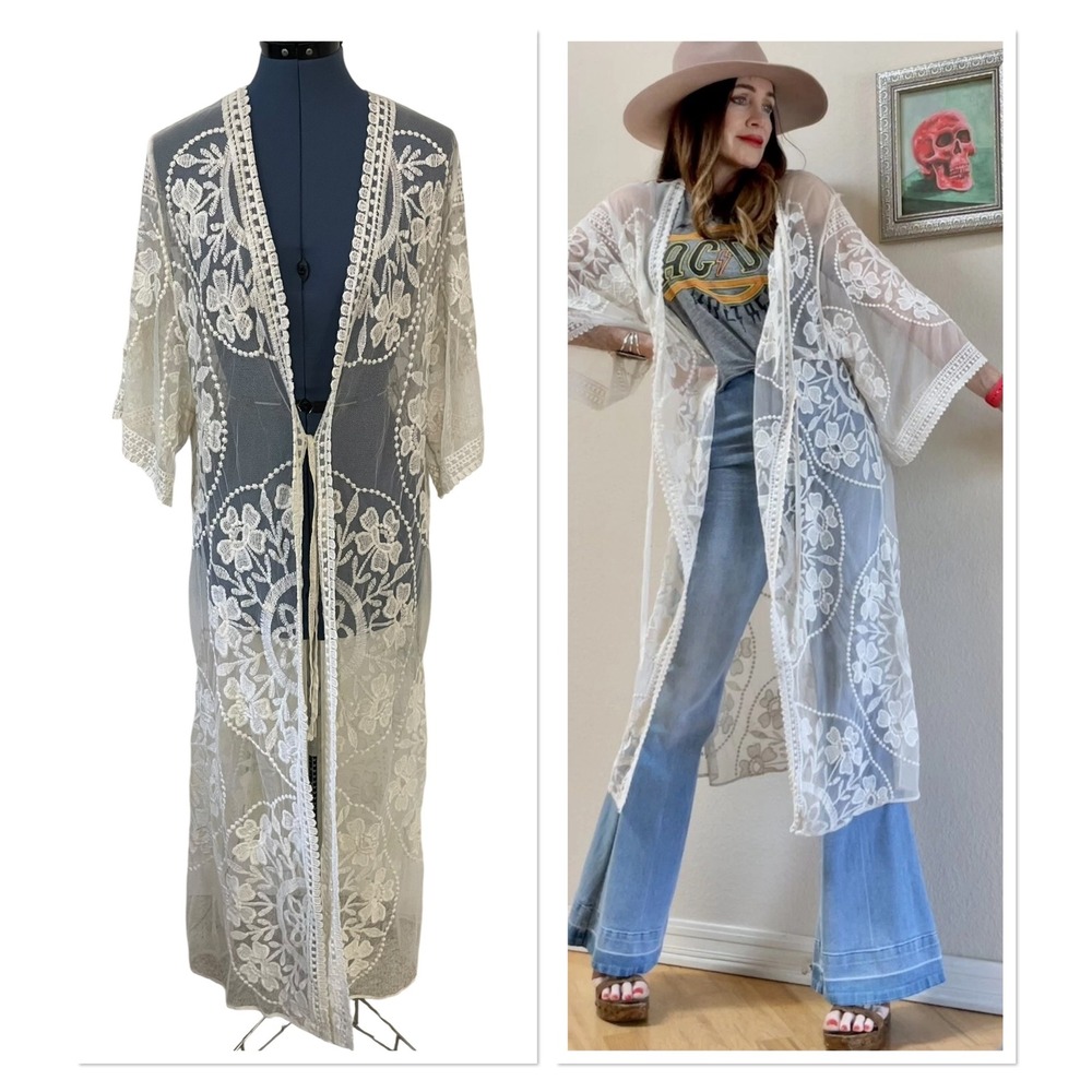 Solitaire Swim Lace Floral Embroidered Kimono Duster Coverup Cottage Boho Chic S